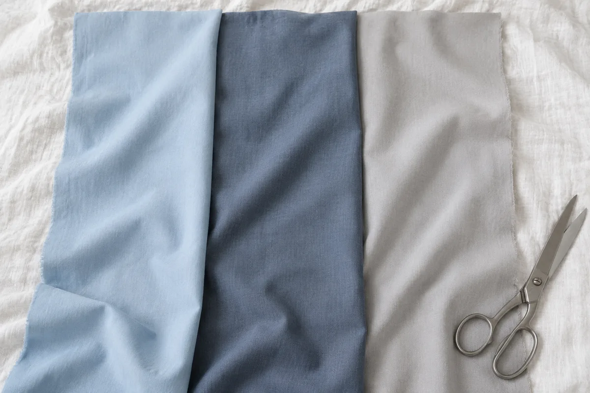 Bandes de coton uni bleu pâle, bleu ardoise et gris perle étalées côte à côte sur un lit
