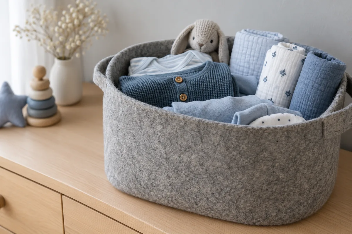 Panier en feutrine grise rempli de linge de bébé bleu plié, posé sur une commode en bois clair
