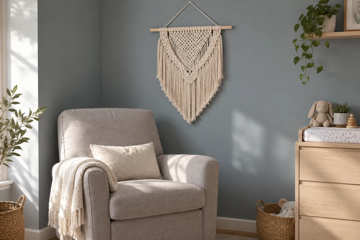 Suspension en macramé écru sur un mur bleu gris au-dessus d&rsquo;un fauteuil d&rsquo;allaitement en lin