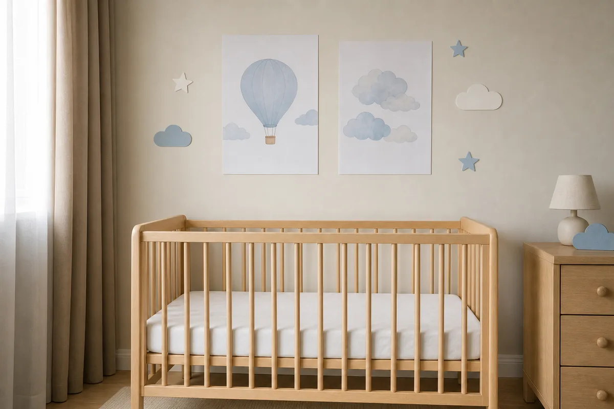 Mur au-dessus d’un lit à barreaux habillé d’affiches légères et de stickers, sans cadre en verre, palette douce