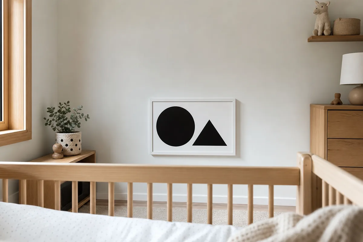 Mur face au berceau avec une composition graphique noir et blanc à contraste marqué, placée bas à hauteur du regard de l’enfant