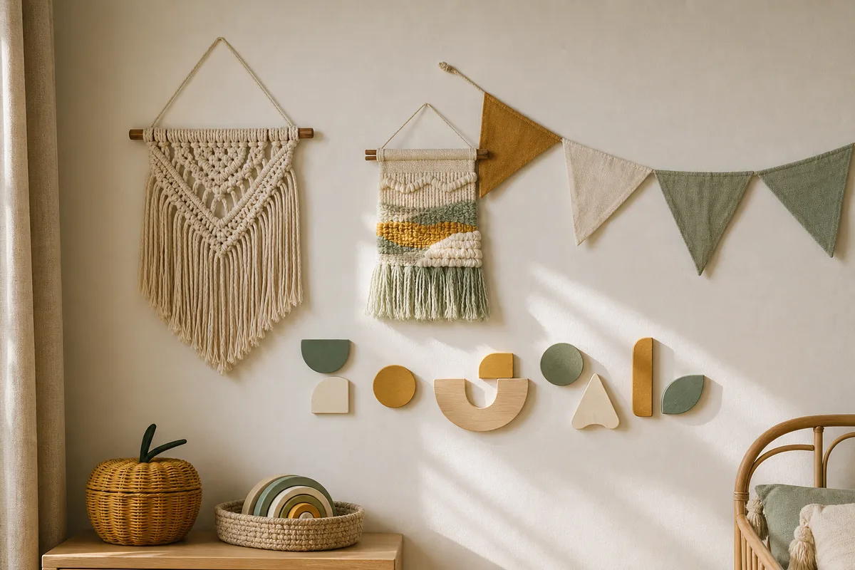 Assortiment de pièces murales faites main dans une chambre bébé, tenture macramé, guirlande de fanions et lettres de bois du prénom