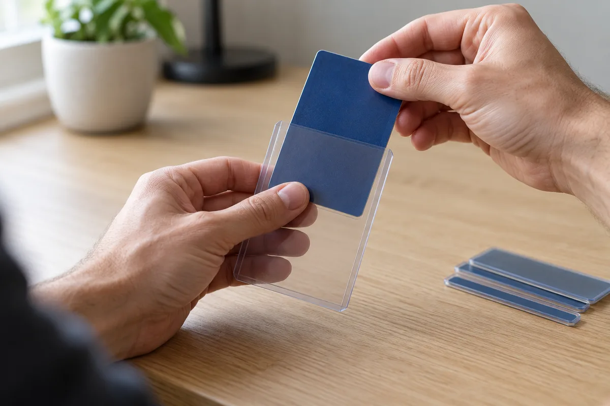 Mains qui glissent une carte à collectionner au dos bleu uni dans une pochette rigide transparente, sur un bureau en bois clair