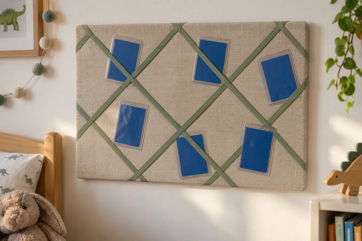 Tableau en liège tendu de tissu lin uni et barré d’élastiques croisés, cartes à collectionner au dos bleu uni glissées dessous