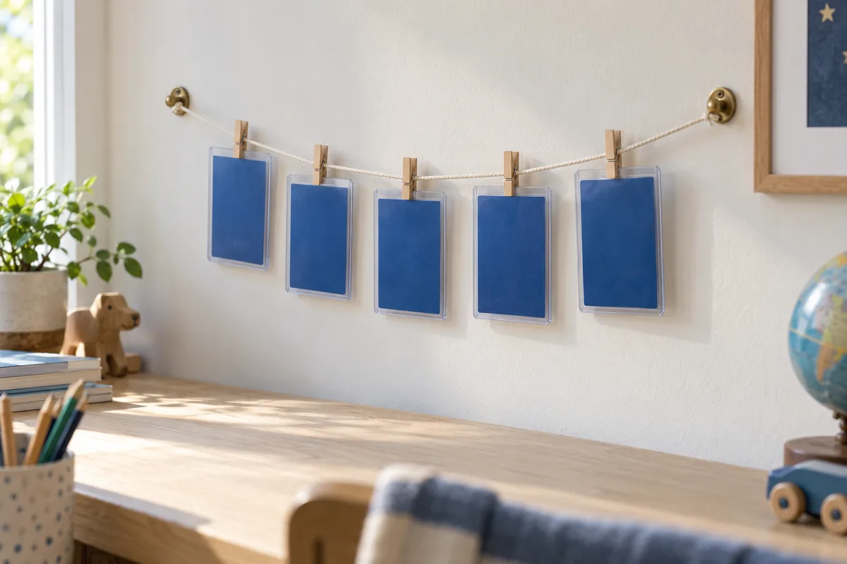 Guirlande de mini-pinces en bois tendue sur un mur blanc cassé, cartes à collectionner suspendues et présentées côté dos bleu uni