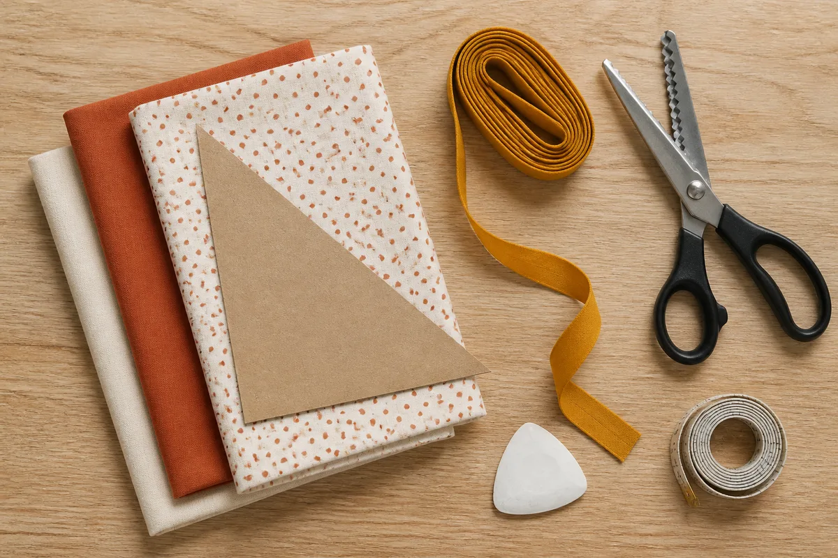 Table de travail avec un coton à motifs, un gabarit triangulaire en carton, un biais replié et une paire de ciseaux cranteurs