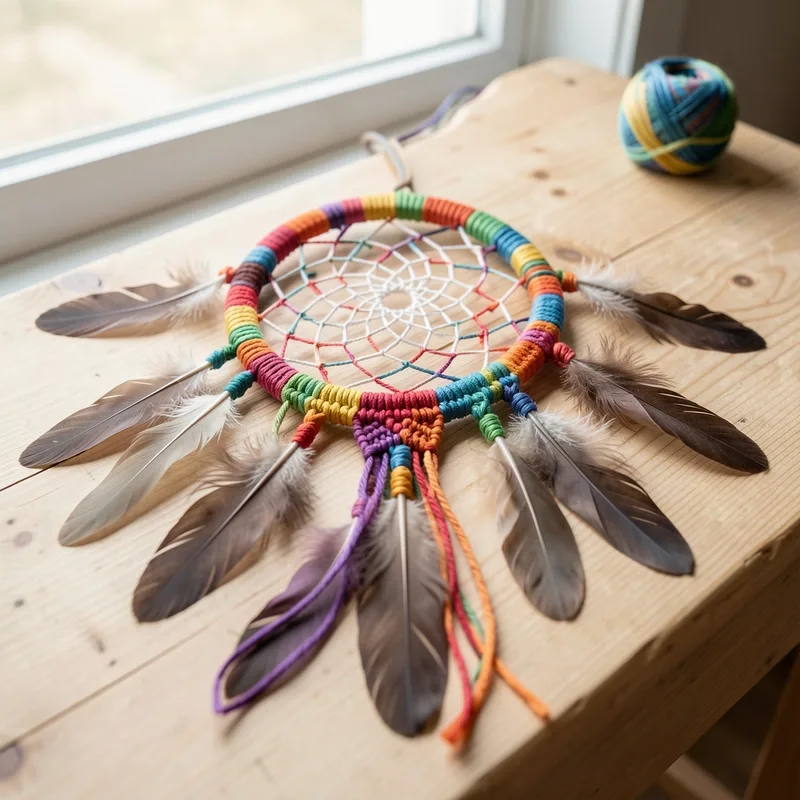 Atelier de loisirs créatifs avec attrape-rêves en cours de tissage, anneaux de bois, pelotes de coton et plumes posés sur une table claire
